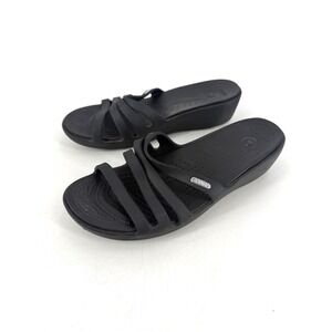Crocs Rhonda Wedge Sandals Womens 9 Black Strappy Comfort Slide Summer